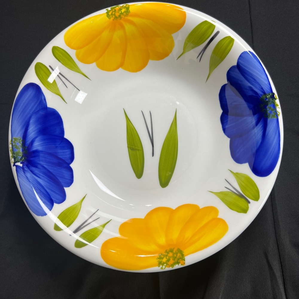 Maxam Italy Hand Painted Floral Ceramic Pasta Bowl Blue Yellow Flowers 8.5 Inch